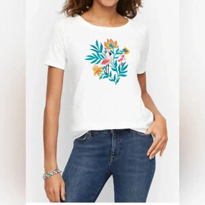 Talbots Women's Flamingo Embroidered Sequin Crewneck T-Shirt Cotton/Modal XS NWT